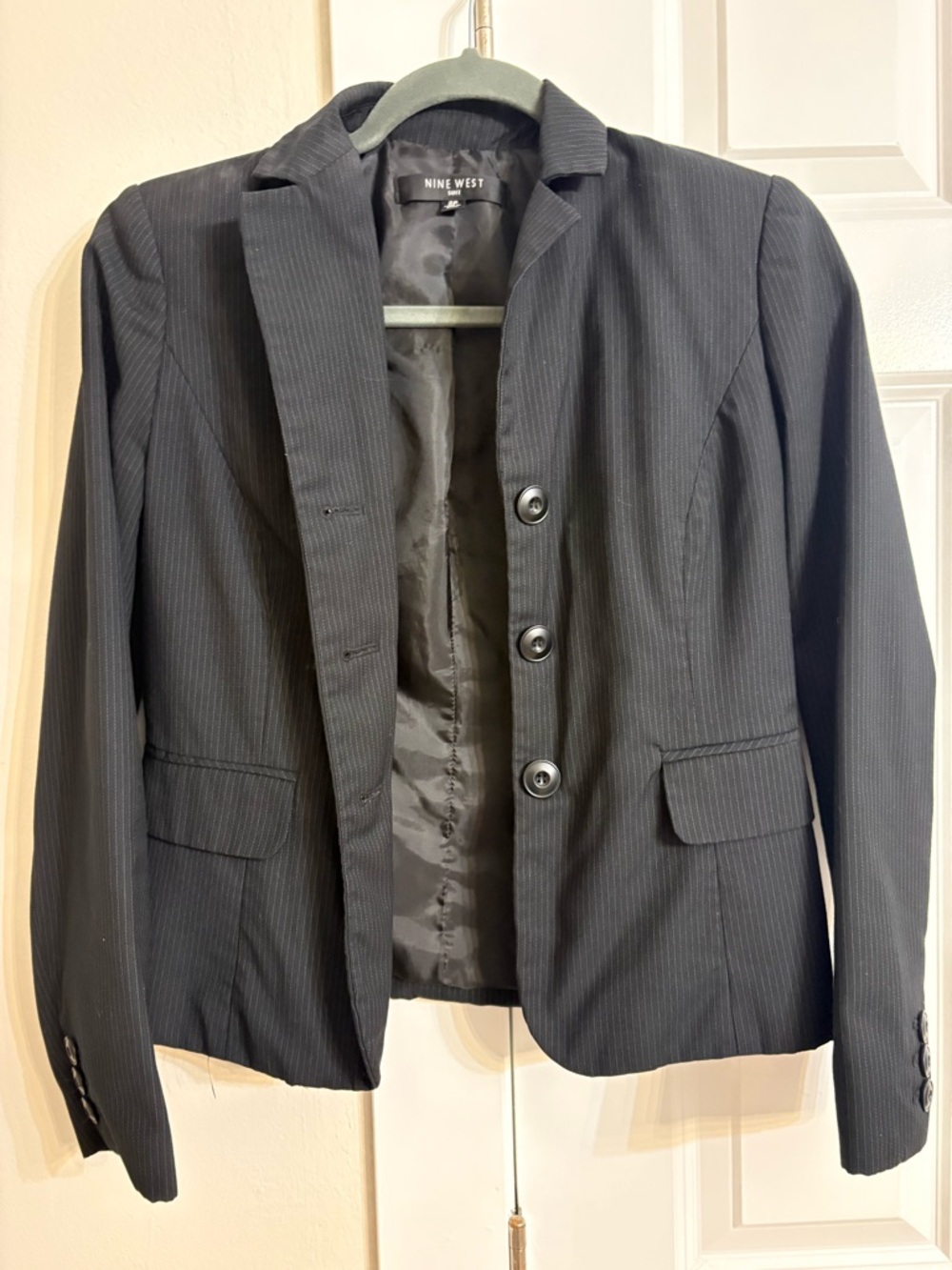 Nine West Black Pinstripe Suit Jacket - Classic Notch Collar